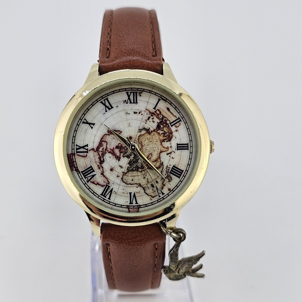 Women's World Map Watch 38MM Multicolor Dial Brown Leather Bands NEW Battery